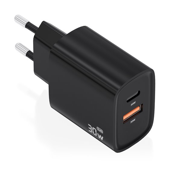 Cargador Gan 30W, 1xUSB-C PD3.0 QC4.0, 1xUSB-A QC3.0, Negro