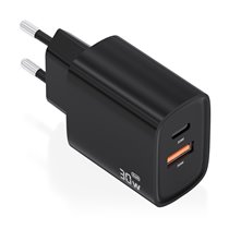 Cargador Gan 30W, 1xUSB-C PD3.0 QC4.0, 1xUSB-A QC3.0, Negro
