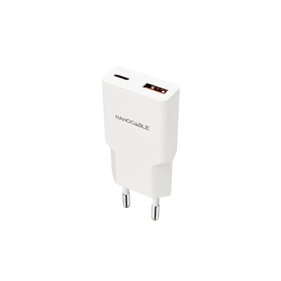 Cargador USB-C/PD 25W + USB-A/QC 25W, Blanco