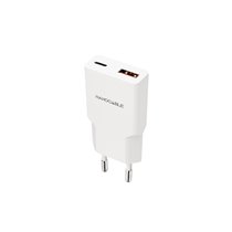 Cargador USB-C/PD 20W + USB-A/QC 20W, Blanco