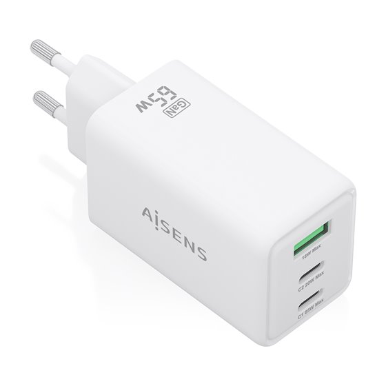 Cargador Gan 65W, 2xUSB-C PD3.0 QC4.0, 1xUSB-A QC3.0, Blanco