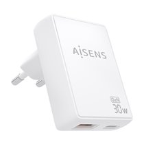 Cargador De Pared GaN Ultra Delgado 30W, 1xUSB-C PD3.0 QC4.0, 1xUSB-A QC3.0, Blanco