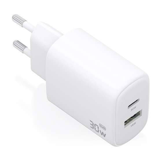 Cargador Gan 30W, 1xUSB-C PD3.0 QC4.0, 1xUSB-A QC3.0, Blanco