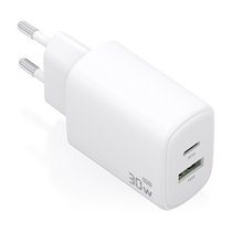 Cargador Gan 30W, 1xUSB-C PD3.0 QC4.0, 1xUSB-A QC3.0, Blanco