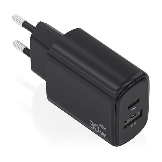 Cargador Gan 30W, 1xUSB-C PD3.0 QC4.0, 1xUSB-A QC3.0, Negro