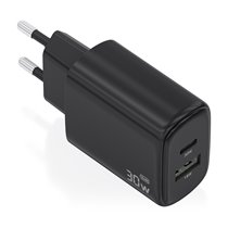 Cargador Gan 30W, 1xUSB-C PD3.0 QC4.0, 1xUSB-A QC3.0, Negro
