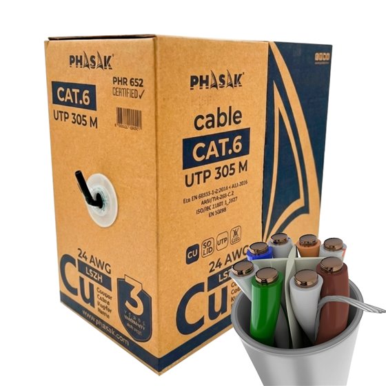 Bobina Cobre 100% Sólido UTP Certificada LSZH AWG24 Cat.6 305 m cable de red - PHR 652