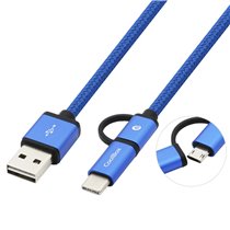 CABLE TRENZADO DE USB-A A MICRO-USB Y USB-C AZUL