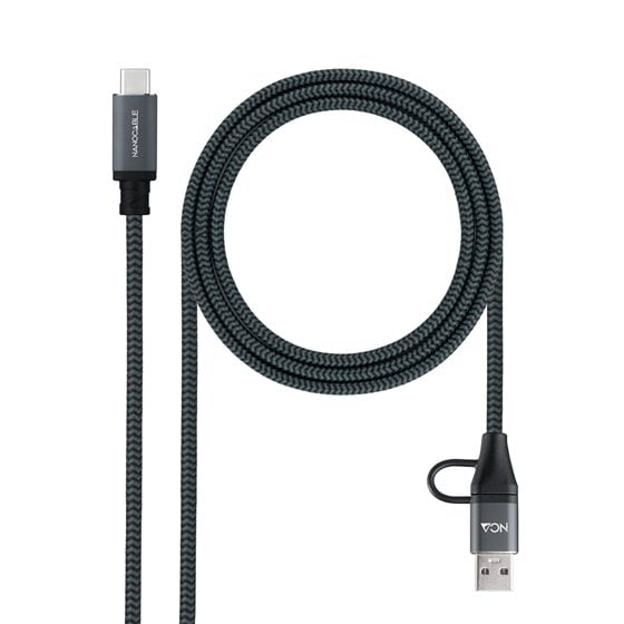 Cable USB 3.2 Gen2x2 20Gbps 5A/100W, USB-C+USB-A/M a USB-C/M, Gris/Negro, 1m