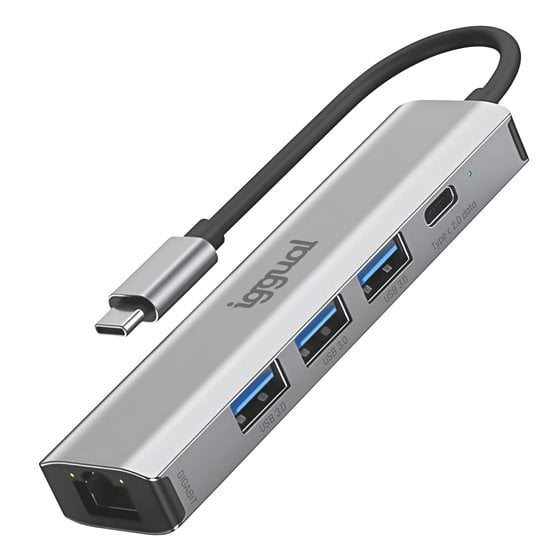 Hub tipo C 5 puertos 3xUSB + RJ45 + tipo C