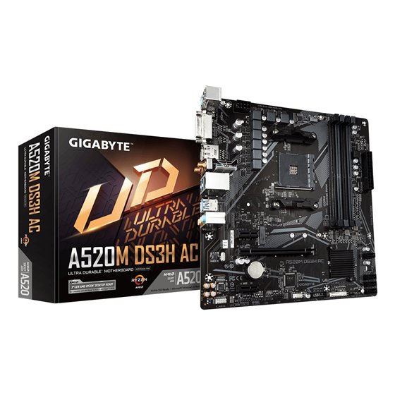 A520M DS3H AC Placa Base - Procesadores AMD Ryzen Serie 5000, VRM de 5+3 fases, hasta 4733 MHz DDR5 (OC), 1xPCIe 3.0 M.2, LAN Gb