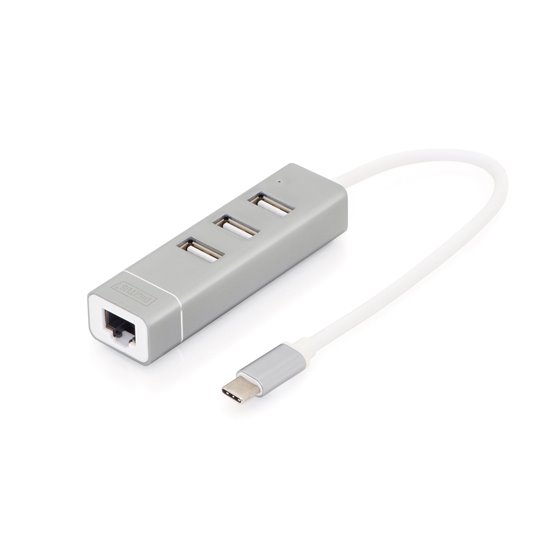 Concentrador USB 2.0 de 3 puertos y adaptador LAN Fast Ethernet con conexión Type-C™