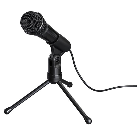 Micrófono con trípode, conexión jack 3,5mm, ideal para Podcast o conferencias, color negro.