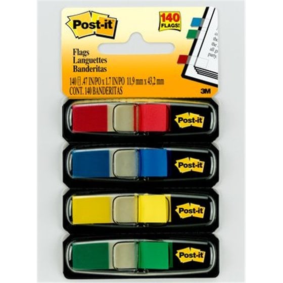 Flags, Primary Colors, 1/2 in Wide, 35/Dispenser, 4 Dispensers/Pack bandera adhesiva 35 hojas