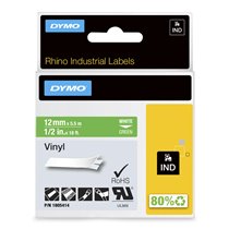 Rhino Etiquetas industriales de vinilo | 12 mm x 5,5 m | Impresión blanca sobre verde | Autoadhesivas | Para rotuladoras Rhino y
