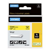Rhino Etiquetas industriales de vinilo | 12 mm x 5,5 m | Impresión en negro sobre amarillo | Autoadhesivas | Para rotuladoras Rh