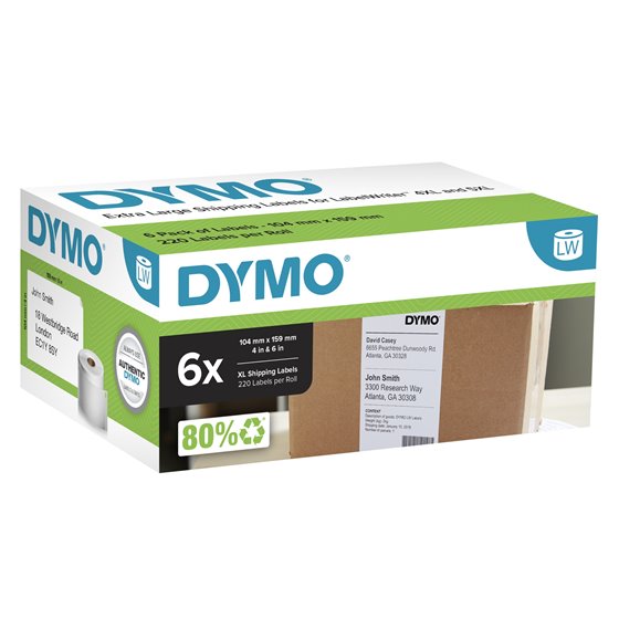LW etiquetas auténticas extragrandes de envío para la rotuladora LabelWriter 5XL/4XL | 104 mm x 159 mm | 6 rollos de 220 etiquet