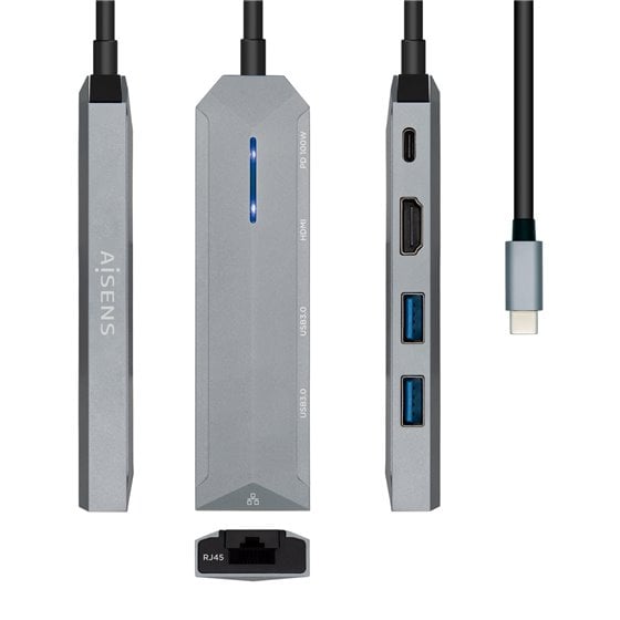 USB-C dock 5 en 1, USB-C a 1xHDMI, 1xRJ45, 2xUSB, 1xPD, Gris, 15 cm