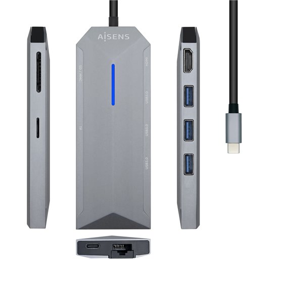 USB-C dock 8 en 1, USB-C a 1xHDMI, 1xRJ45, 3xUSB, 1xPD, 1xSD, 1xMicroSD, Gris, 15 cm