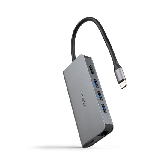 Hub USB-C 8 en 1, Conversor USB-C 3.1 a 3xUSB-A 3.0 + HDMI 4K@60Hz + USB-C PD + RJ45 1Gbps + TF + SD, Aluminio, Gris, 18 cm