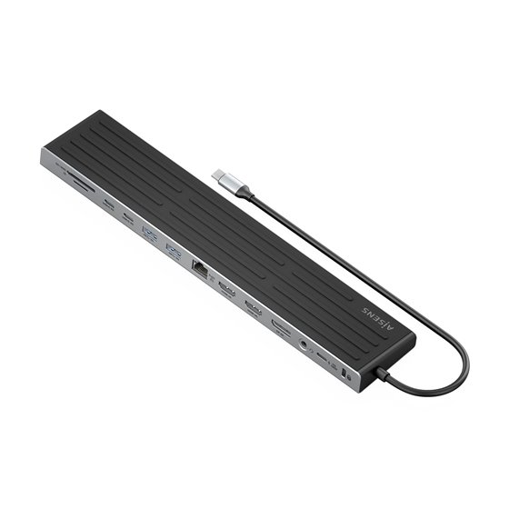 USB-C Dock 13 en 1, USB-C A 2xHDMI, 1xDisplayPort, 1xRJ45, 3xUSB-A, 2xUSB-C, 1xUSB-C PD, 1xSD, 1xMicro SD, 1xAudio, 1xRanura Ken