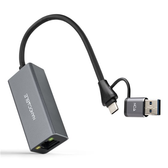 Conversor USB-C+USB-A/M 3.0 a Ethernet, Aluminio, Gris, 15 cm