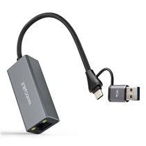 Conversor USB-C+USB-A/M 3.0 a Ethernet, Aluminio, Gris, 15 cm