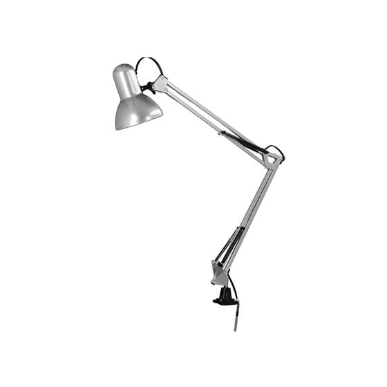 Lampara de escritorio q-connect antares metalica conpinza interruptor brazo doble 3 articulaciones color plata