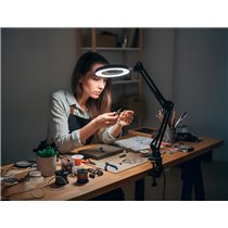 Lampara de escritorio q-connect hadar led 8w 380lm aluminio con pinza y lupa brazo doble color negro