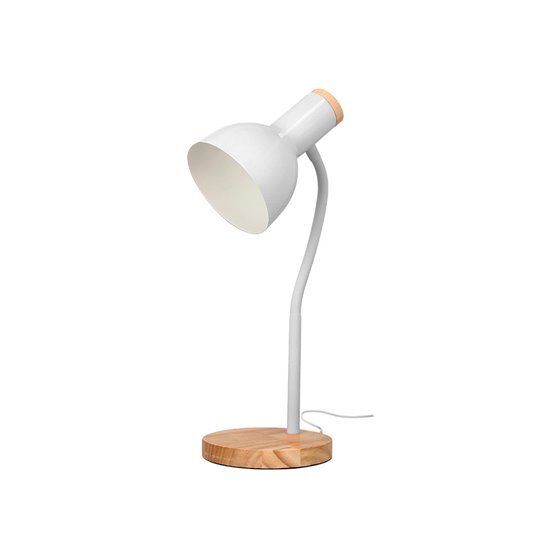 Lampara de escritorio q-connect orion metalica con detalles de madera brazo flexible color blanco