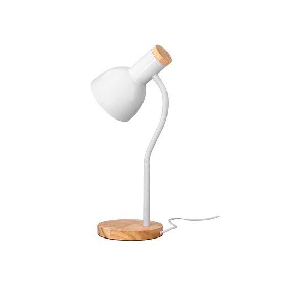 Lampara de escritorio q-connect orion metalica con detalles de madera brazo flexible color blanco