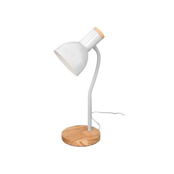 Lampara de escritorio q-connect orion metalica con detalles de madera brazo flexible color blanco