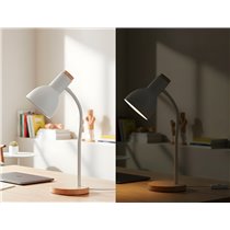 Lampara de escritorio q-connect orion metalica con detalles de madera brazo flexible color blanco