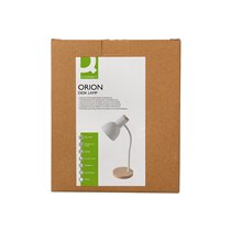 Lampara de escritorio q-connect orion metalica con detalles de madera brazo flexible color blanco