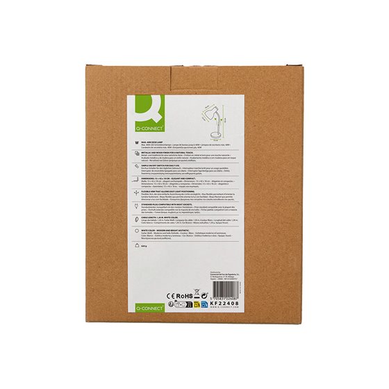 Lampara de escritorio q-connect orion metalica con detalles de madera brazo flexible color blanco