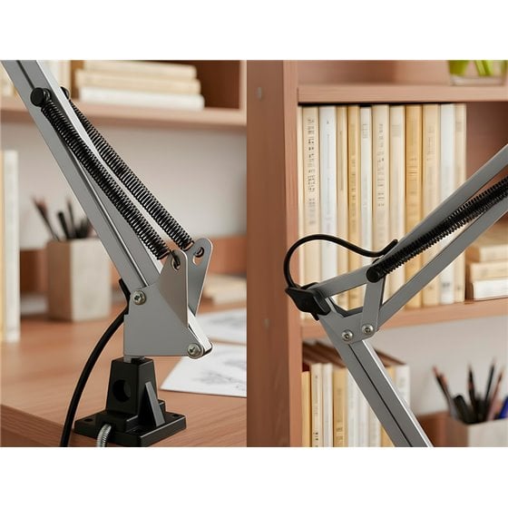 Lampara de escritorio q-connect antares metalica conpinza interruptor brazo doble 3 articulaciones color plata