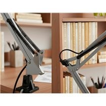 Lampara de escritorio q-connect antares metalica conpinza interruptor brazo doble 3 articulaciones color plata