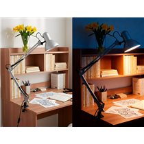 Lampara de escritorio q-connect antares metalica conpinza interruptor brazo doble 3 articulaciones color plata