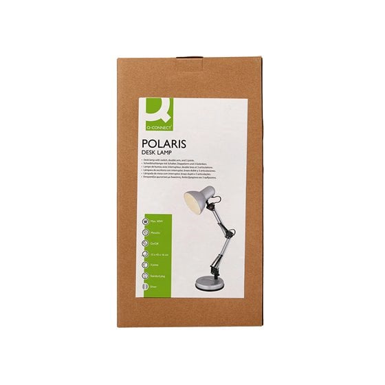 Lampara de escritorio q-connect polaris metalica coninterruptor brazo doble 3 articulaciones color plata