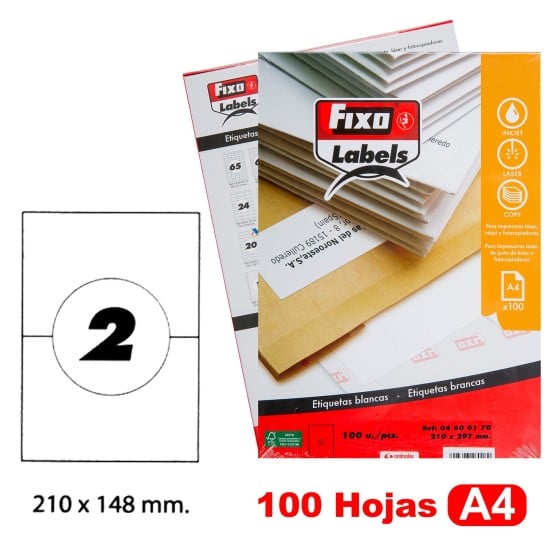 Caja 100 Hojas Etiquetas A4 Cantos Rectos 210X148 mm Fixo Fsc Fixo
