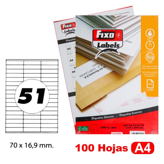 Caja 100 Hojas Etiquetas A4 Cantos Rectos "70X16.9 mm" Fixo Fsc Fixo