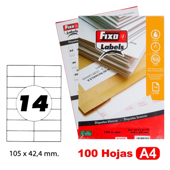 Caja 100 Hojas Etiquetas A4 Cantos Rectos "105X42.4 mm" Fixo Fsc Fixo