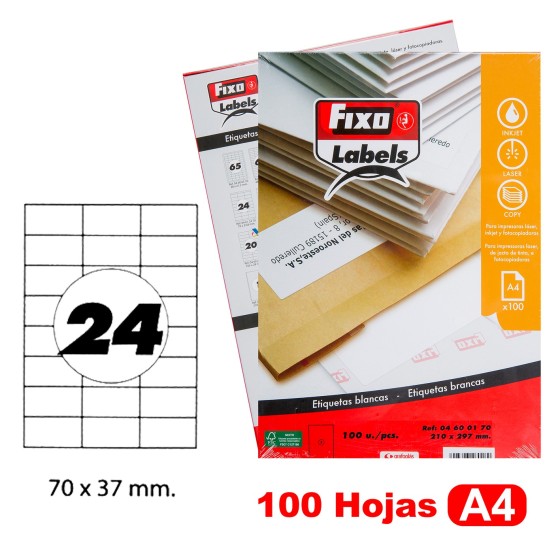 Caja 100 Hojas Etiquetas A4 Cantos Rectos 70X37 mm Fixo Fsc Fixo