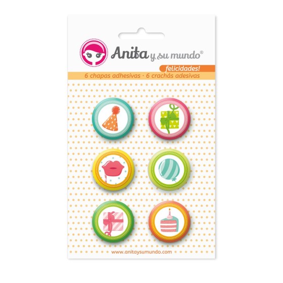Pack 6 Chapas Adhesivas Felicidades! 25 mm. Anita