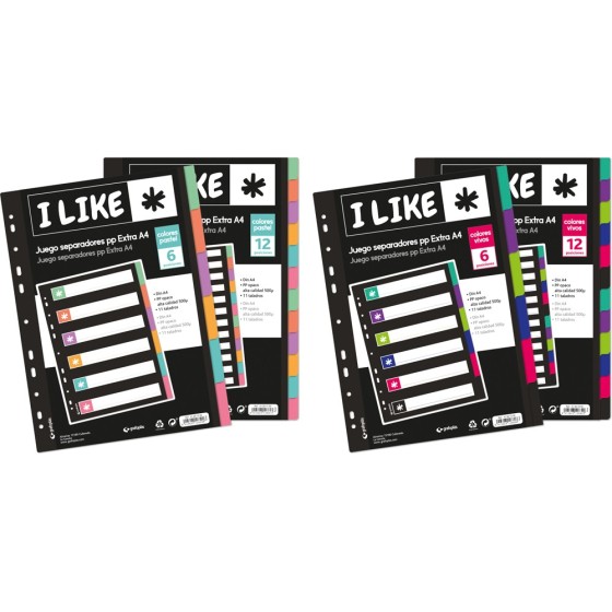 Separadores PP Opaco Extra 6 Posiciones A4 11 Taladros Colores Vivos Like Grafoplás