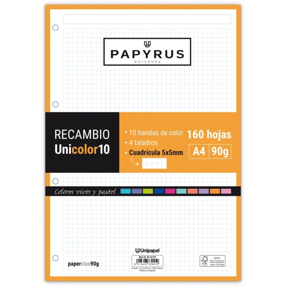 Recambios A4 160 Hojas 90 G Cuadricula 5X5 mm Sin Margen Con Taladros Colores Surtidos Unicolor Papyrus