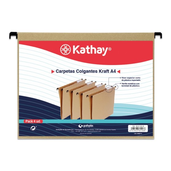 Pack 4 Carpeta Colgantes Visor Superior Corto Cartulina A4 Lomo V Kraft Kathay