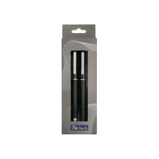 Juego boligrafo y roller belius norwich cuerpo negro mate y detalles cromados satinados en caja regalo