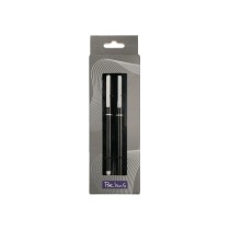 Juego boligrafo y roller belius norwich cuerpo negro mate y detalles cromados satinados en caja regalo