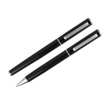 Juego boligrafo y roller belius norwich cuerpo negro mate y detalles cromados satinados en caja regalo